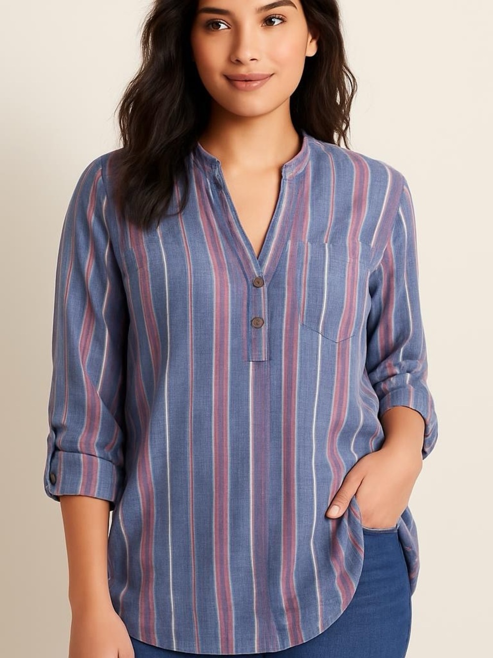 Chic‎ Collection Striped Casual Button-Down Shirt Split Neckline Size M